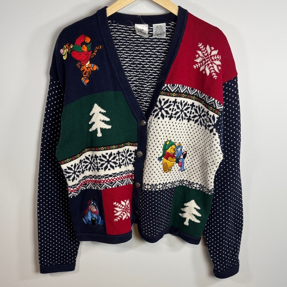 Rare Vintage 90s Disney Store Winnie the Pooh & Friends Christmas Cardigan XXL